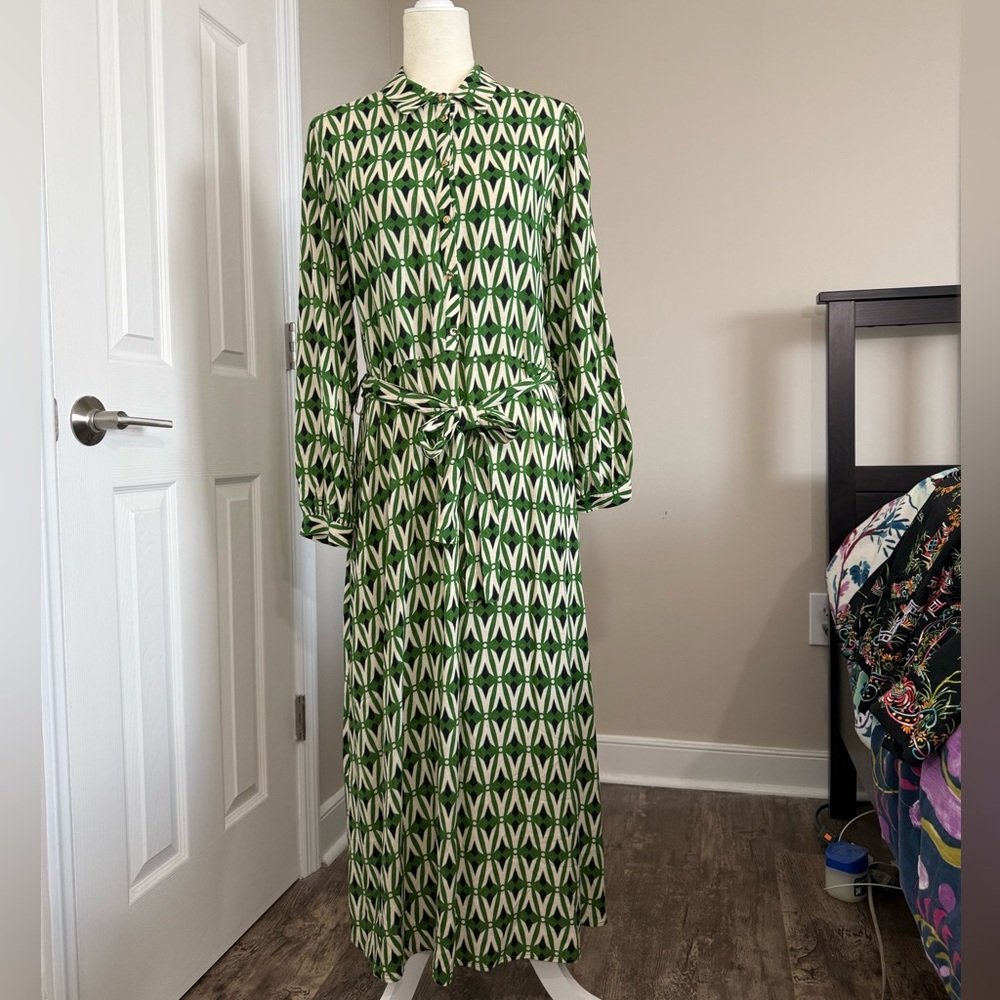 Zara Maxi Dress Long Sleeves Green And Ivory Geo Print Belted Size L